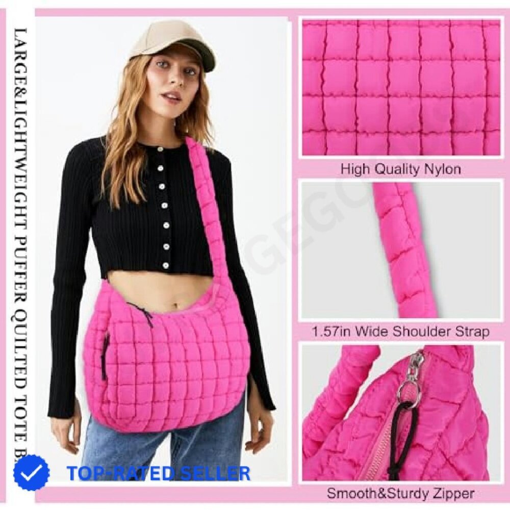 Quilted Puffer Tote Bag Lightweight Nylon Hobo Crossbody Shoulder Purse - Picture 4 of 8